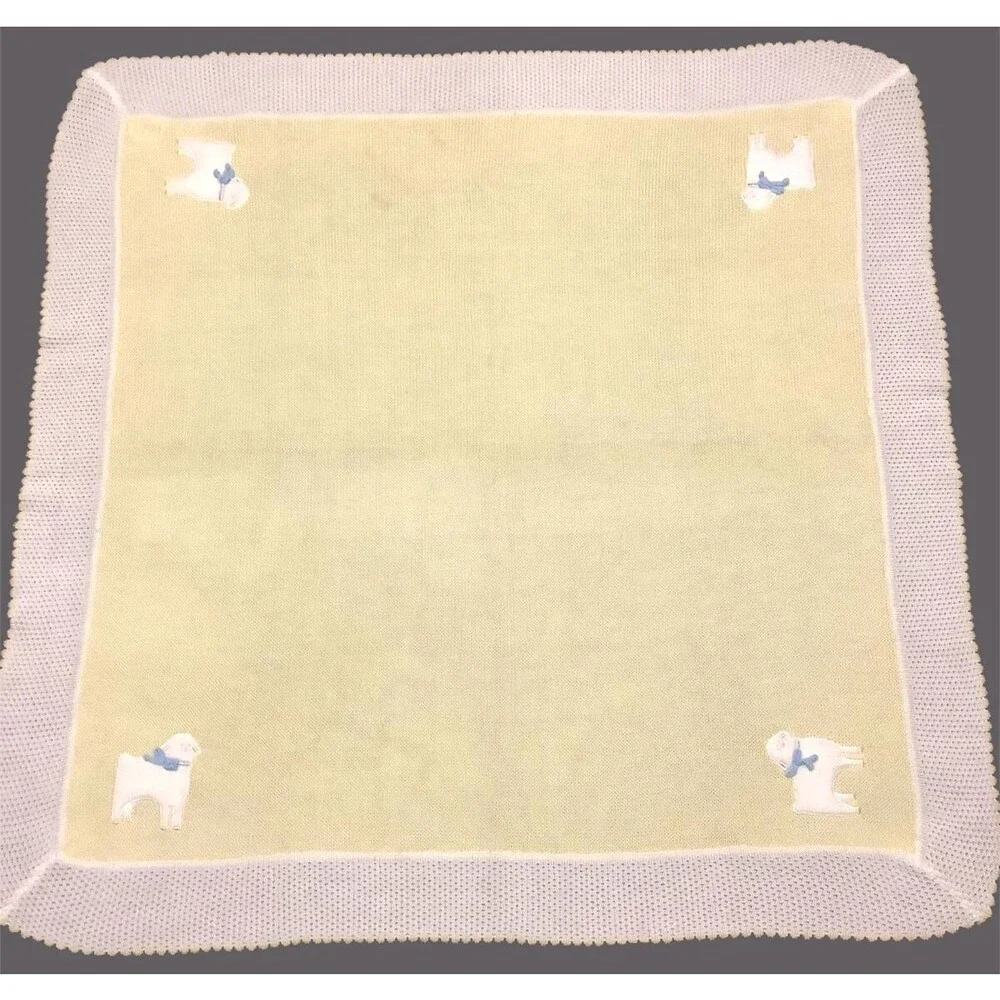 VTG Baby Kisses Yellow White Acrylic Weave Baby Baptism Blanket Embroidered Lamb